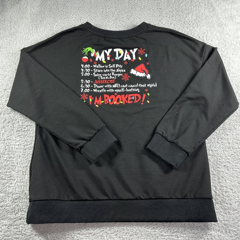 The Grinch Crewneck Womens XL Black Double Sided Schedule Time Stamp Christmas